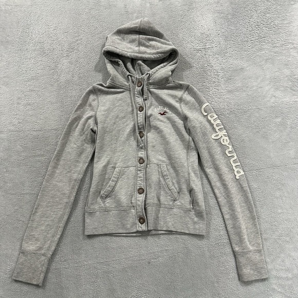 Hollister Tops - Hollister Button Up Sweater Hoodie Womens M Gray Y2K Grunge Skater Surf Coquette